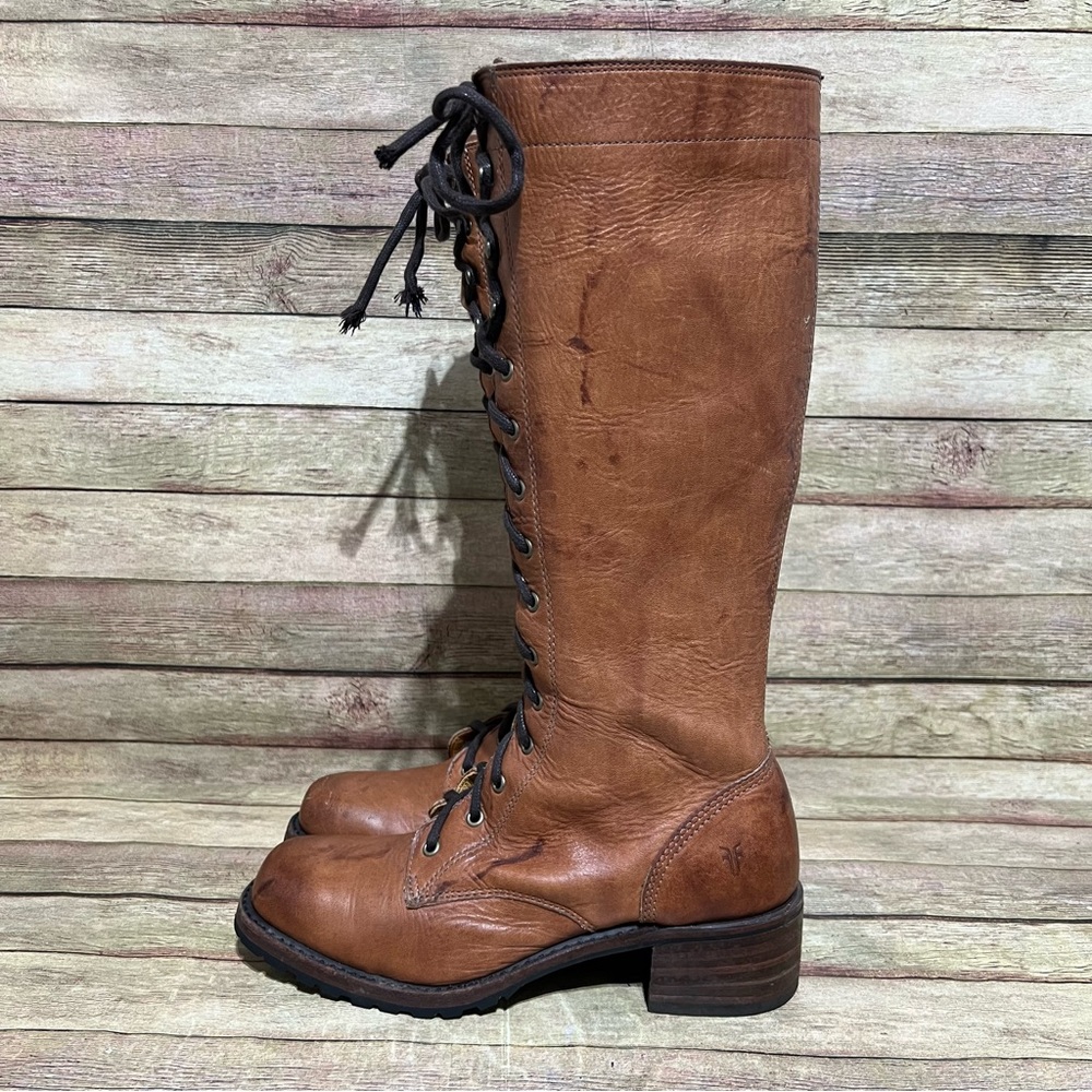 Frye Brown Leather Tall Lace Up Boots